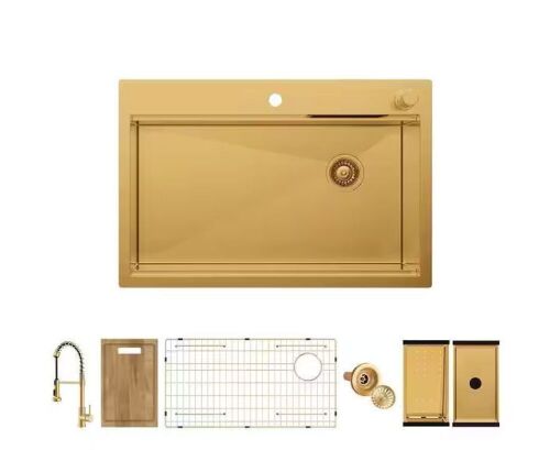 Glacier Bay 33 in. Drop-In Single Bowl 18-Gauge Gold Stainless Steel Workstation Kitchen Sink with Waterfall and Pull-Down Faucet - Lot 52JF