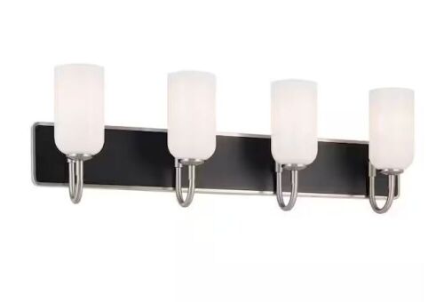 KICHLER Solia 32 in. 4-Light Brushed Nickel with Black Modern Bathroom Vanity Light with Opal Glass Shades - Lot 514JF