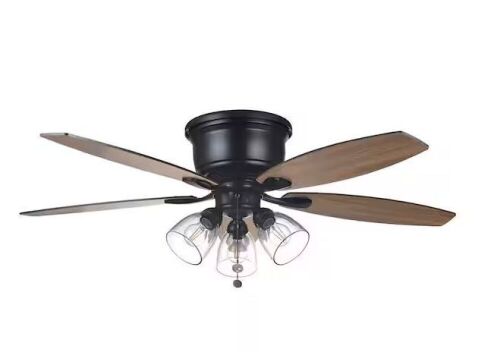 Hampton Bay Stoneridge 52 in. Indoor LED Matte Black Hugger Ceiling Fan with Light Kit, 5 Reversible Blades and Reversible Motor - Lot 604JF