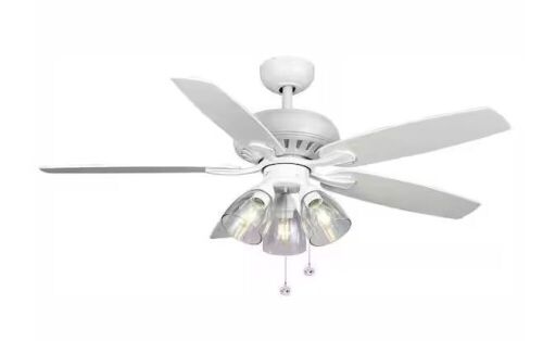 Hampton Bay Rockport 52 in. Indoor LED Matte White Ceiling Fan with Light Kit, Downrod, and 5 Reversible Blades - Lot 517JF