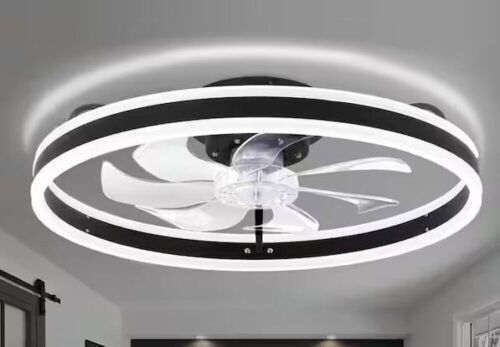 Oaks Aura 20in. LED Indoor Black Bladeless Low Profile Ceiling Fan Flush Mount Smart App Remote Control Dimmable Lighting - Lot 518JF