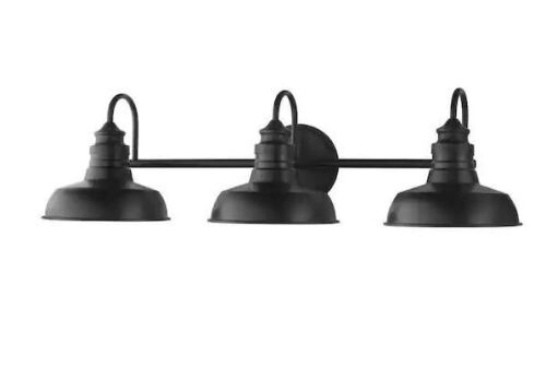 Hampton Bay Elmcroft 29 in. 3-Light Matte Black Farmhouse Vanity Light with Metal Shades - Lot 600JF