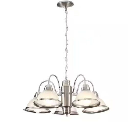  Hampton Bay Halophane 5-Light Brushed Nickel Chandelier with Frosted Ribbed Glass Shades - Lot 606
