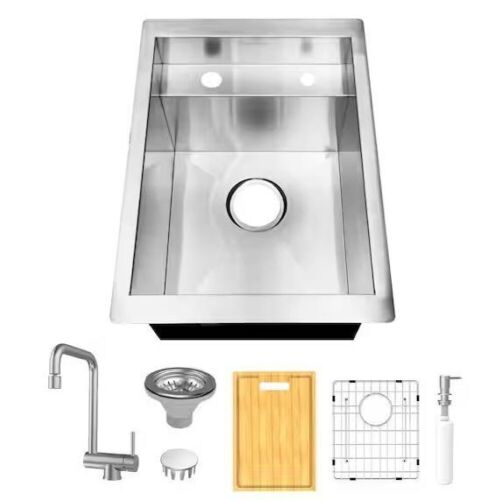 Glacier Bay Zero Radius 15 in. Undermount 18G Stainless Steel Single Bowl Workstation Bar Sink with Folding Faucet - Lot 38JF