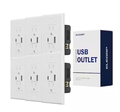 ELEGRP 21W USB Wall Outlet with Type A and Type C USB Ports, 15 Amp Tamper Resistant, with Wall Plate, 6 Pack - Lot 710