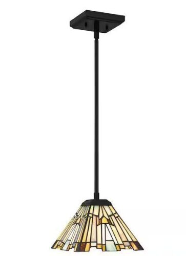 Home Decorators Collection Waterville 1-Light Matte Black Mini Pendant with Tiffany Glass Shade - Lot 801JF