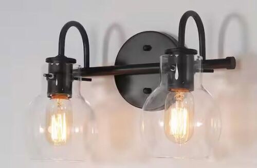 LNC 13 in. 2-Light Modern Black Arched Vanity Light with Globe Glass Shades - Lot 805JF