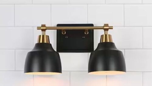 LNC Modern 2-Light Black Vanity Light with Brass Plated Metal Arm White Inner Bell Shades  - Lot 808JF