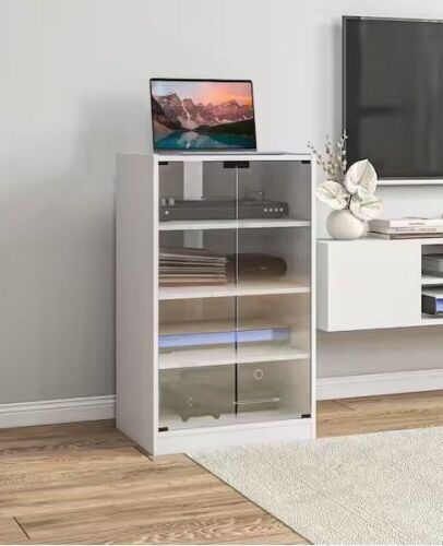HOMCOM 4-Tier Freestanding Media Cabinet with Adjustable Shelves, Tempered Glass Doors, Distressed White - Lot 81JF