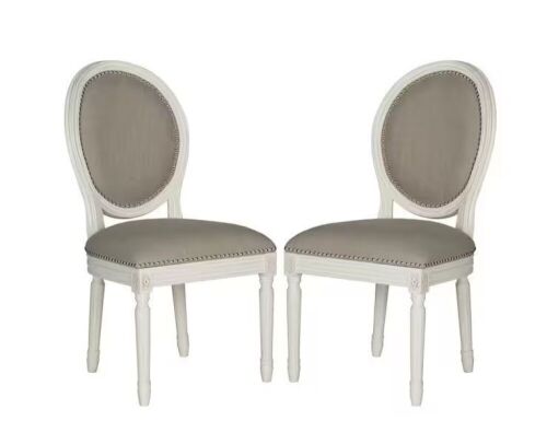 SAFAVIEH Holloway Light Gray/Cream 19 in. H French Brasserie Linen Oval Side Chair with Silver Nail Heads, Set of 2  - Lot 901
