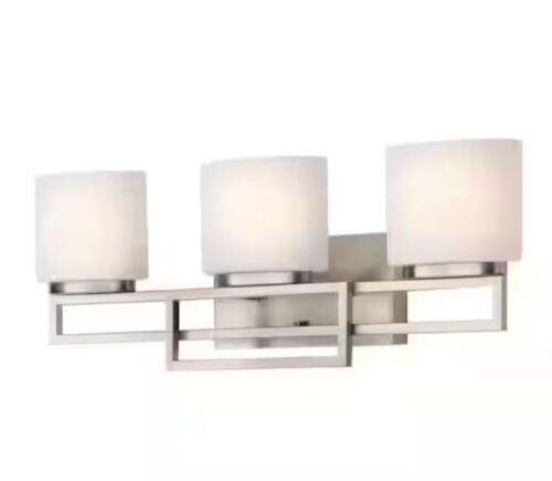Hampton Bay Tustna 26 in. 3-Light Brushed Nickel Bathroom Vanity Light with Opal Glass Shades - Lot 827