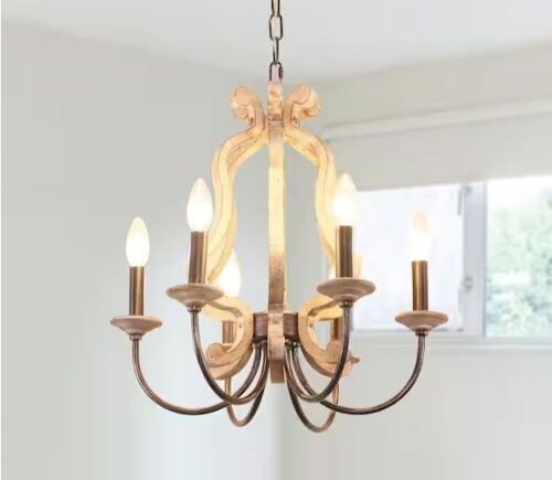Oaks Aura Chaumout French Country 6-Light Wood Light Rustic Weathered Wood Farmhouse Chandelier - Lot 829JF