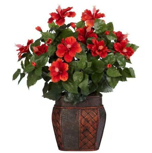 Nearly Natural 24 in. Artificial H Red Hibiscus with Vase Silk Plant - Lot 833JF