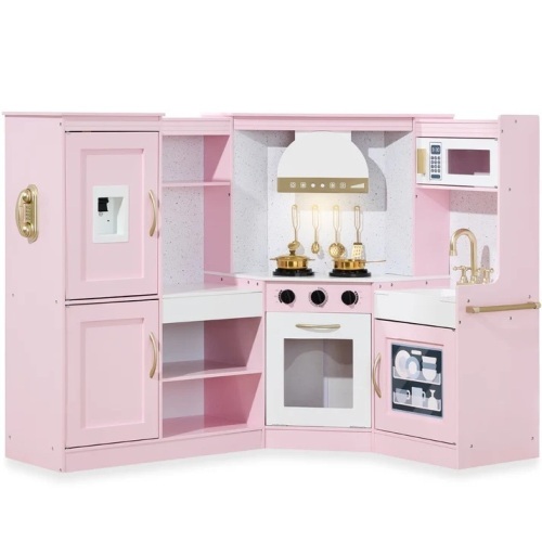 Pretend Play Corner Kitchen Wooden Toy Set for Kids w/ Lights, Sounds - Lot 704