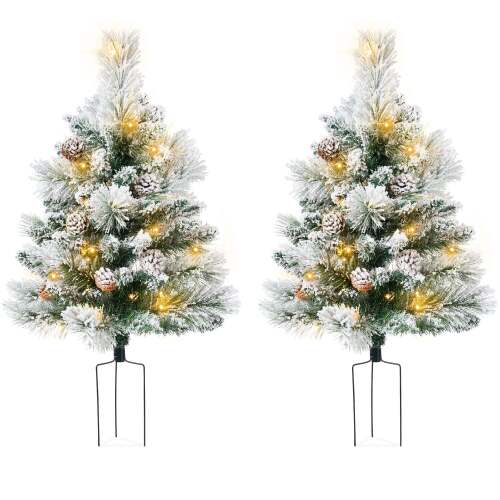 Set of 2 Pre-Lit Pathway Christmas Trees w/ Pine Cones, Timer - 24.5in - Lot 7206