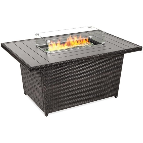 52in Wicker Propane Fire Pit Table, 50,000 BTU w/ Glass Wind Guard, Cover. Appears New - Lot 24