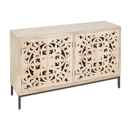 Pier1 Quincy Carved Natural 4-Door Cabinet. NEW. SEE PICTURES. Stock Photo is Lighter than Actual Cabinet - Lot 37