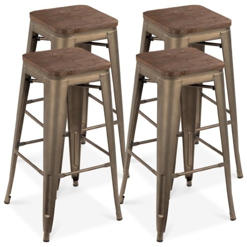 Set of 4 Industrial Steel Backless Bar Height Stools w/ Wooden Seats - 30in. Appears New - Lot 82