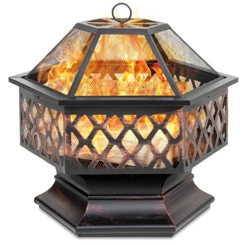 Hex-Shaped Outdoor Fire Pit w/ Flame-Retardant Lid - 24in. Appears New - Lot 129