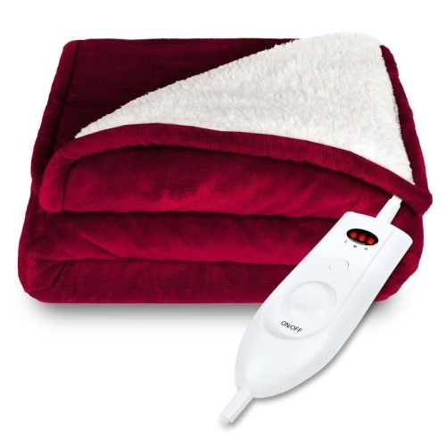 Electric Heated Reversible Sherpa Blanket w/ 3 Heat Settings, Auto Shut Off. Burgundy. Appears New - Lot 252