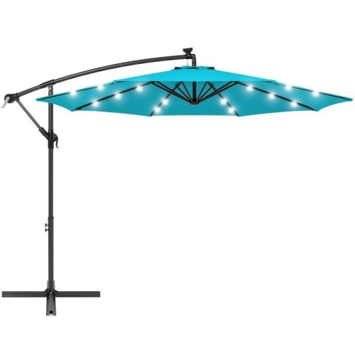 10ft Solar LED Offset Hanging Patio Umbrella w/ Crank Tilt Adjustment. Sky Blue. Appears New  - Lot 267