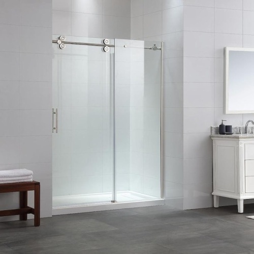 OVE Doors Sydney 78.75-in H x 58.25-in to 59.75-in W Frameless Bypass/Sliding Satin Nickel Shower Door (Clear Glass). Appears New with Chip in Glass. SEE PICTURES - Lot 306