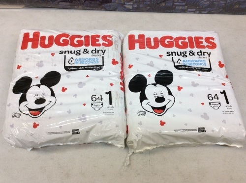 Lot of (2) Huggies Snug And Dry Size One Diapers. 64 Count. Appears New With Damaged Package - Lot 453