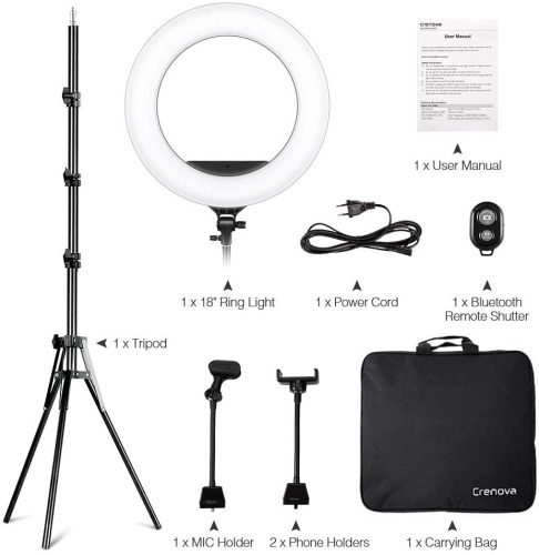 Crenova 18 inches LED Ring Light with Stand, Carrying Bag. For Makeup & Live Streaming. Tested/Works. Appears New.  - Lot 476