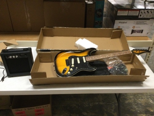 Beginner Electric Guitar Kit w/ Case, 10W Amp, Tremolo Bar - 39in. Tested and Works. E-Commerce Return - Lot 503