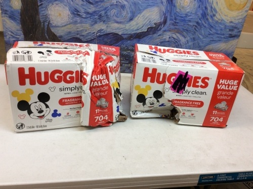 Lot of (2) Huggies Wet Wipes. 704 Count. 11-64 Count Packs. Fragrence Free. One Box Is Missing 2 Packs. Appear New with Damaged Boxes. E-Commerce Return - Lot 610