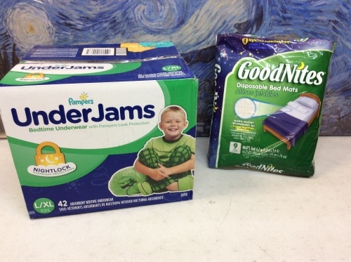 Lot of Pampers UnderJams Size L/XL, 42 Count and Goodnights Disposable Bed Mats, 9 Count - Lot 631