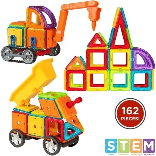 162-Piece Magnetic Building Block Tile Toy Set w/ Excavator Dump Truck. Appears New - Lot 648