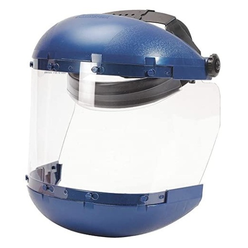Sellstrom Dual Crown Safety Face Shield with Ratchet Headgear, Clear Tint, Uncoated, Blue. Appears New - Lot 697
