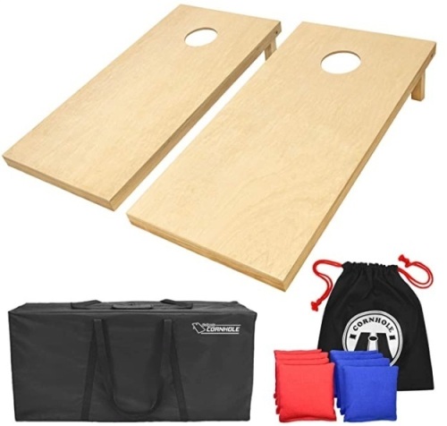 GoSports Solid Wood Premium Cornhole Set. Includes Set of 8 Corn Hole Toss Bags. E-Commerce Return. Appears New. Damaged Box. See Pics - Lot 717