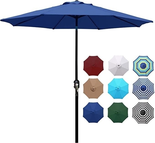 Blissun 9' Outdoor Aluminum Patio Umbrella, Striped Patio Umbrella, Market Striped Umbrella with Push Button Tilt and Crank (Navy Blue). Appears New.  - Lot 742