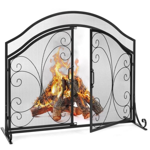 Single Panel 43x37in Wrought Iron Mesh Fireplace Screen w/ Magnetic Doors. Appears New  - Lot 839