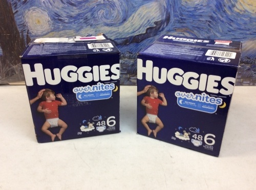 Lot of (2) Huggies Overnites Diapers. Size 6. 48 Count. Appear New With Damaged Boxes - Lot 866