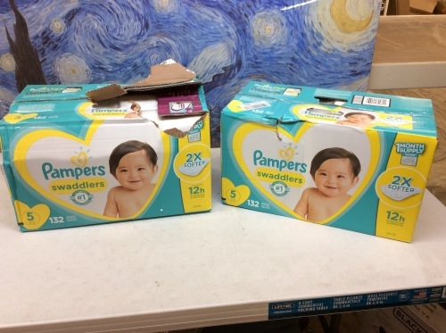 Lot of (2)- Pampers Swaddlers Size 5. 132 Count. Appears New With Damaged Boxes - Lot 878