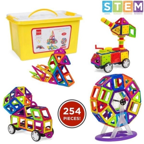 254-Piece Kids Magnetic Building Tiles Toy Set w/ Storage Box. Appears New. Storage Box is Blue, Picture Shows Yellow - Lot 893