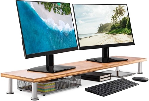 Large Dual Monitor Stand for Computer Screens - Solid Bamboo Riser Supports The Heaviest Monitors, Printers, Laptops or TVs - Perfect Shelf Organizer for Office Desk Accessories & TV Stands (Natural). Appears New  - Lot 903