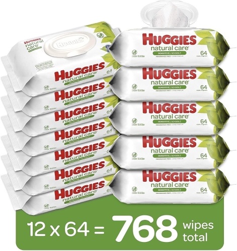 Huggies Natural Care Sensitive Baby Wipes, Unscented, 12 Flip-Top Packs (768 Wipes Total). Appears New with Damaged Box - Lot 905
