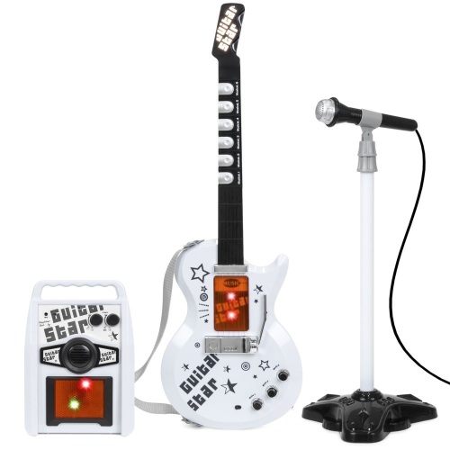 Kids Electric Musical Guitar Toy Play Set w/ 6 Demo Songs, Whammy Bar, Microphone, Amp, AUX - White. Appears New - Lot 944