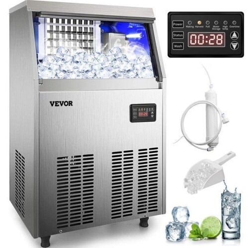 VEVOR 110V Commercial Ice Maker 80-90lbs/24H with 33lbs Bin, Full Heavy Duty Stainless Steel Construction, Automatic Operation, Clear Cube for Home Bar, Include Water Filter, Scoop, Connection Hose - Lot 41