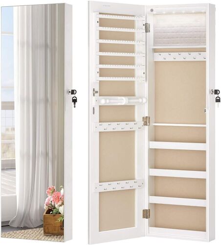 LUXFURNI Mirror Jewelry Cabinet 6 LED Lights Wall-Mount/Door-Hanging Armoire, Lockable - Lot 403
