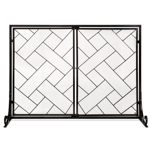 2-Panel Wrought Iron Geometric Fireplace Screen w/ Magnetic Doors, 44x33in  - Lot 620