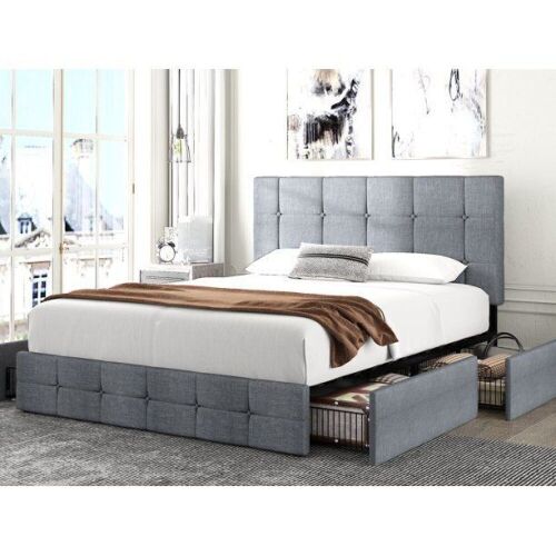 Amolife Queen Size Platform Bed Frame with Headboard and 4 Storage Drawers, Button Tufted Style, Light Grey - Lot 637