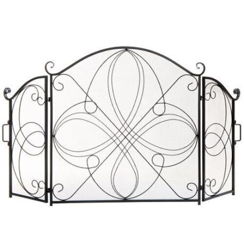 3-Panel Wrought Iron Metal Fireplace Screen Cover w/ Scroll Design, 55x33in - Lot 884