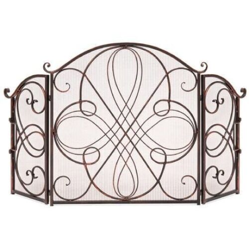 3-Panel Wrought Iron Metal Fireplace Screen Cover w/ Scroll Design, 55x33in - Lot 894