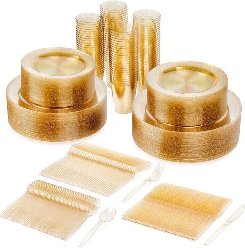 Gold Glitter Disposable Plastic Dinnerware Set for 100 Guests, 600pcs  - Lot 1003
