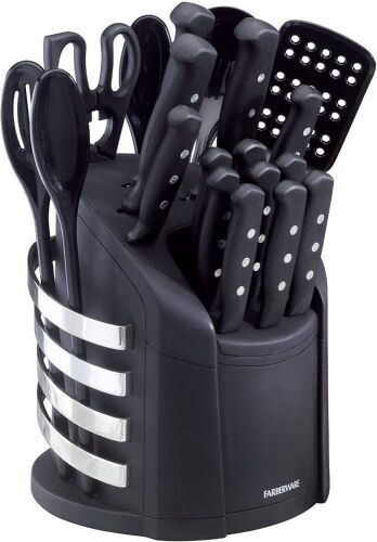 Farberware 17-Piece Stainless Steel Knife and Kitchen Tool Set with Storage Carousel, Black - Lot 1143